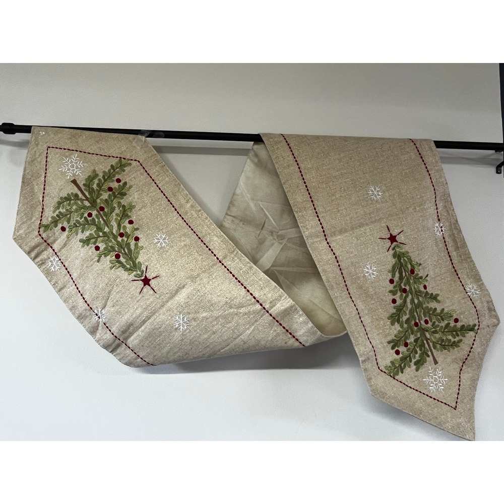 Christmas Tree Embroidered Table Runner Gold Metallic Snowflakes Neutral 72"x13"